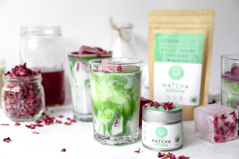 Iced Matcha Latte with Rose Infused Ice Cubes