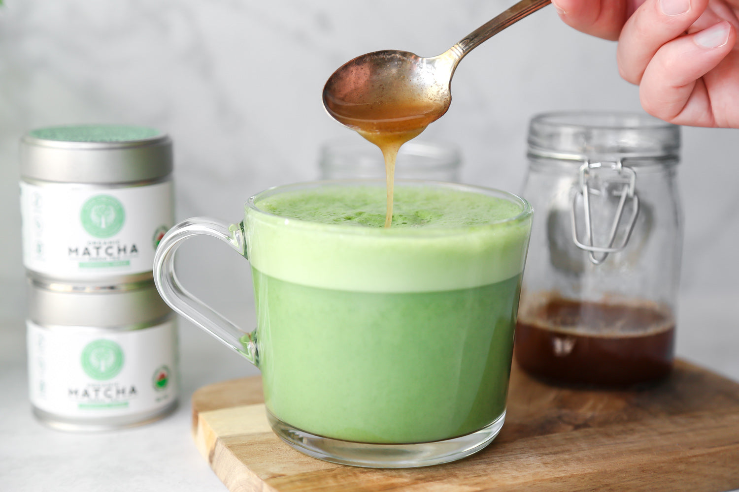 Simple Soy Matcha Latte with Honey-Cinnamon Syrup